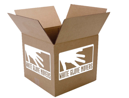 Moving box with White Glove Movers logo on the side.